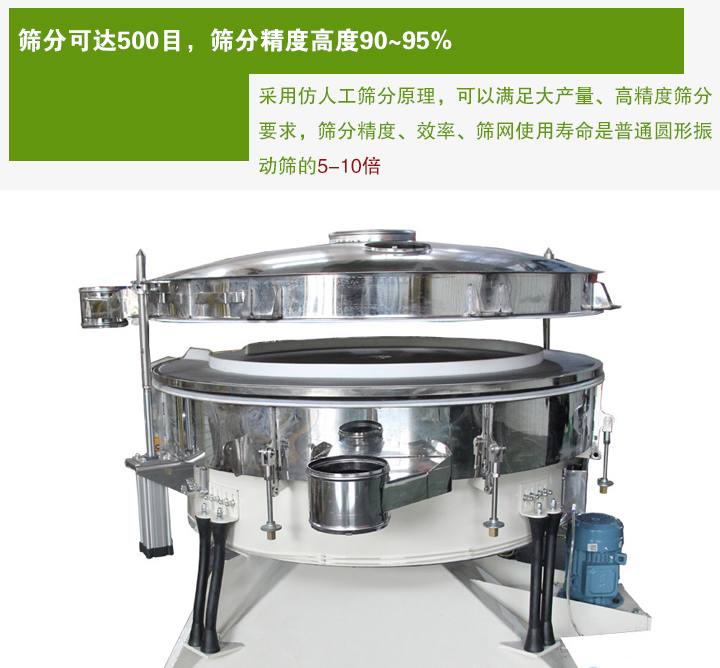 搖擺篩分機采用仿人工篩分原理，可以滿足大產(chǎn)量、高精度篩分 要求，篩分精度、效率、篩網(wǎng)使用壽命是普通圓形振 動篩的5-10倍