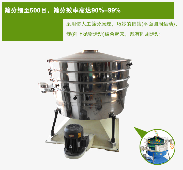 搖動(dòng)篩采用仿人工篩分原理，巧妙的把篩(平面圓周運(yùn)動(dòng))、 簸(向上拋物運(yùn)動(dòng))結(jié)合起來(lái)，既有圓周運(yùn)動(dòng)