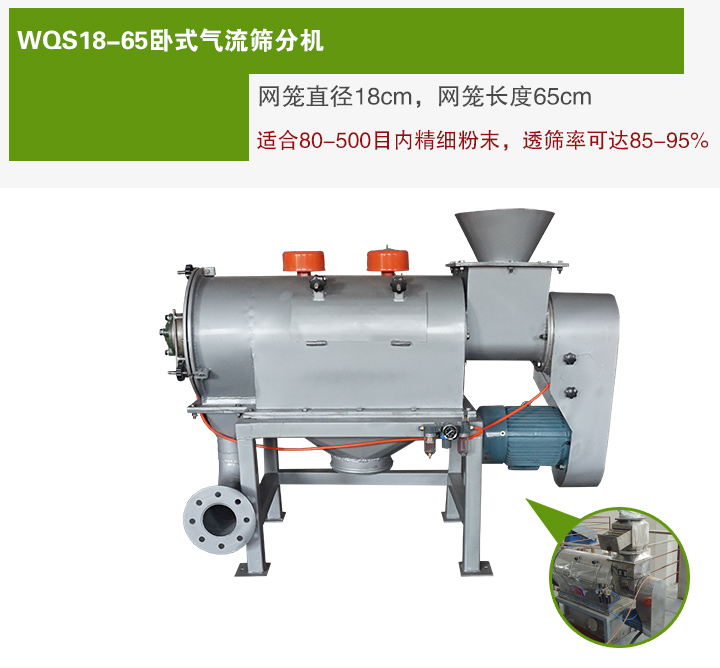 WQS18-65臥式氣流篩分機(jī)網(wǎng)籠直徑為18cm，網(wǎng)籠長度為65cm